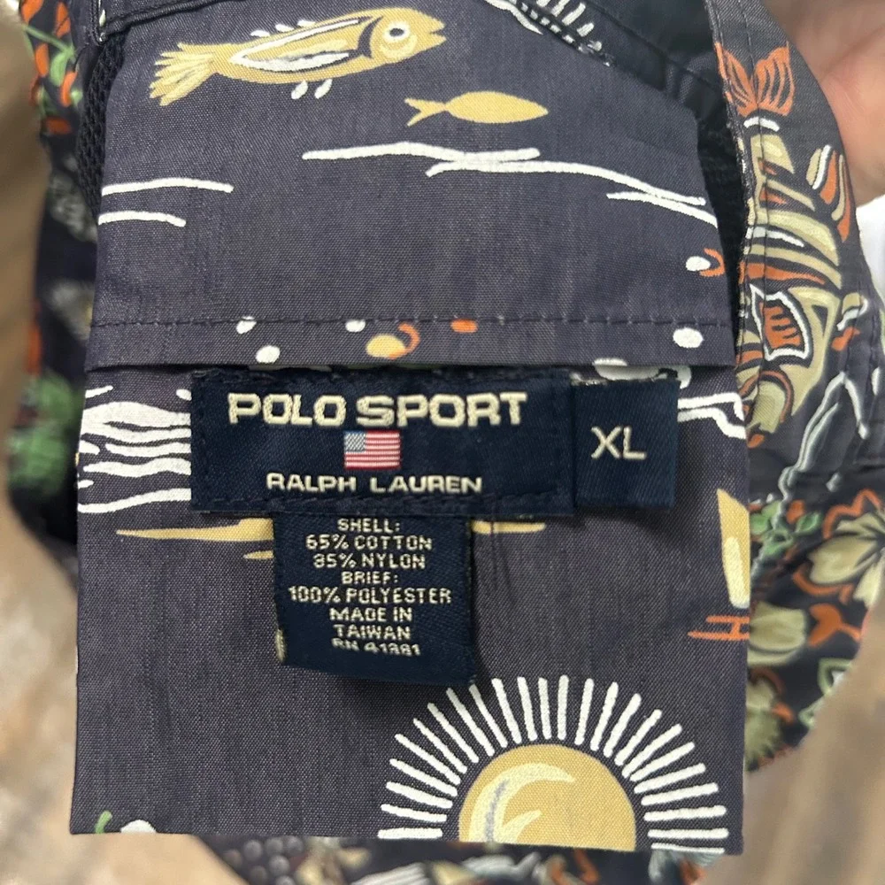 Vintage Polo Sport‎ Ralph Lauren Hawaiian Print Swim Trunks Navy Blue Mens XL